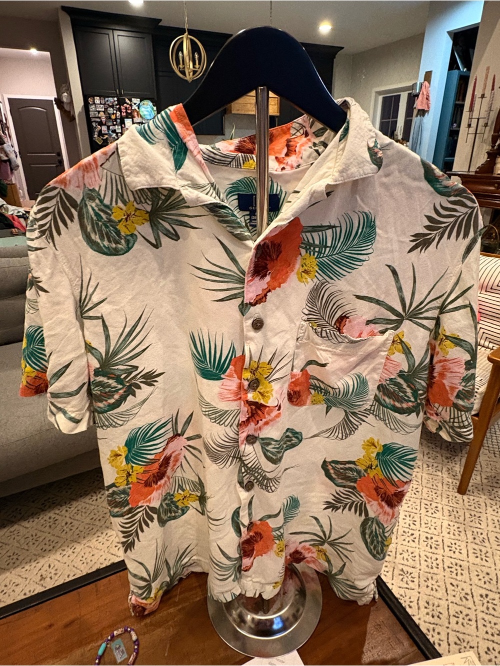 George White Tropical Floral Button-Down Shirt with Green and Orange Accents